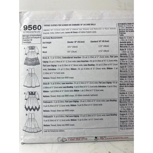 Vintage Simplicity 9560  Sewing Pattern For 18" Dolls Fancy Frocks Heirloom Fanc - Picture 2 of 2